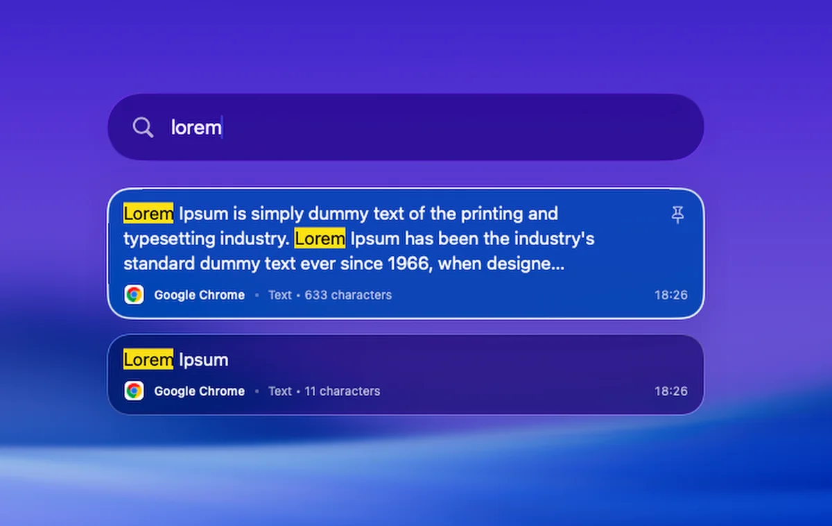 DeskUtils clipboard history with search, pinned items and content filters.