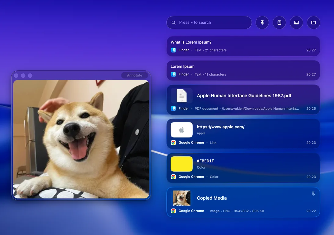 Preview a copied image, file, link or color without leaving your clipboard.